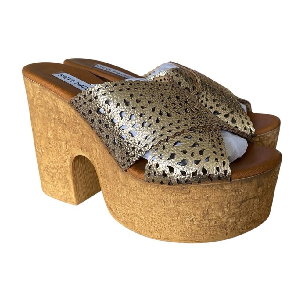 Steve Madden NWTs NIB Saffron Leather Lining Wedge Gold Platform Sandals size 9